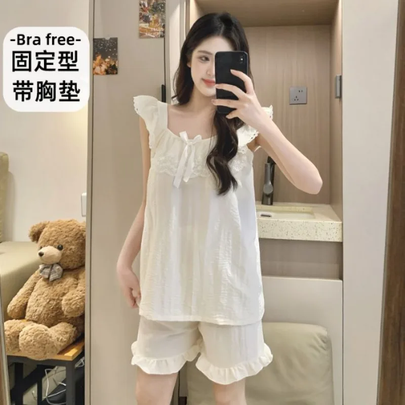 Большие размеры, пижамы во французском стиле принцессы, женская летняя домашняя одежда с летающими рукавами и накладкой на грудь, которую можно носить вне одежды для сна