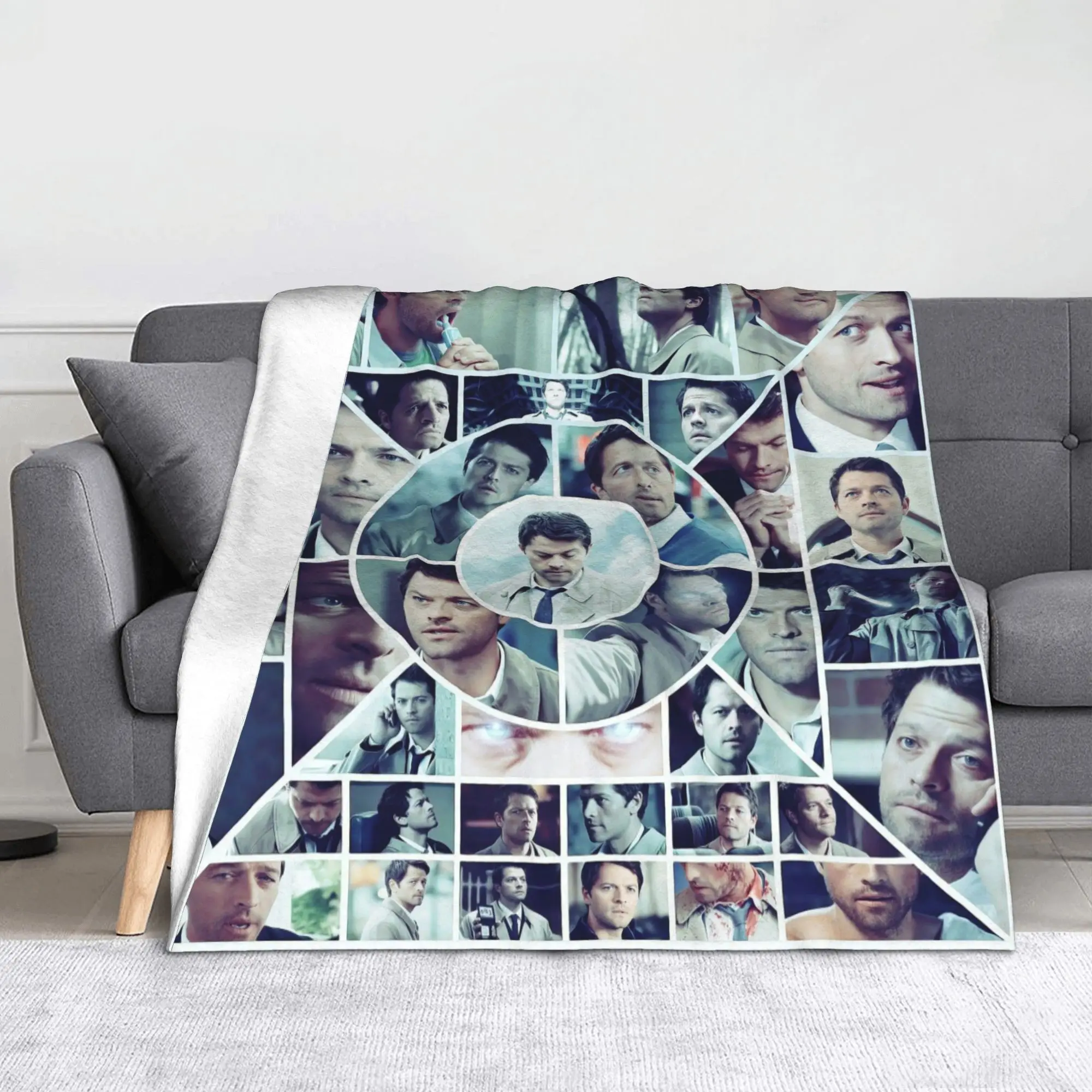 Castiel Collage Flannel Throw Blanket Supernatural Movie Blanket for Sofa Office Lightweight Bed Rug