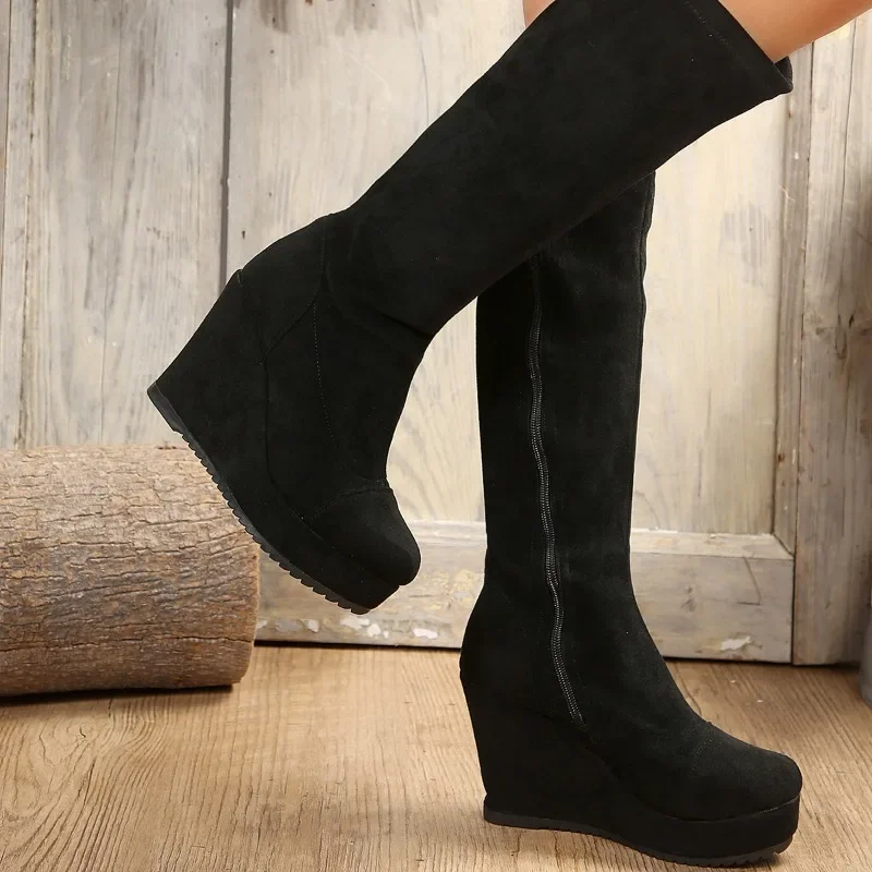 2023 Winter Punk Gothic Wedge Heel Suede Women\'s Boots Classic Party Chic Knee High Boots Gothic Platform Shoes for Women