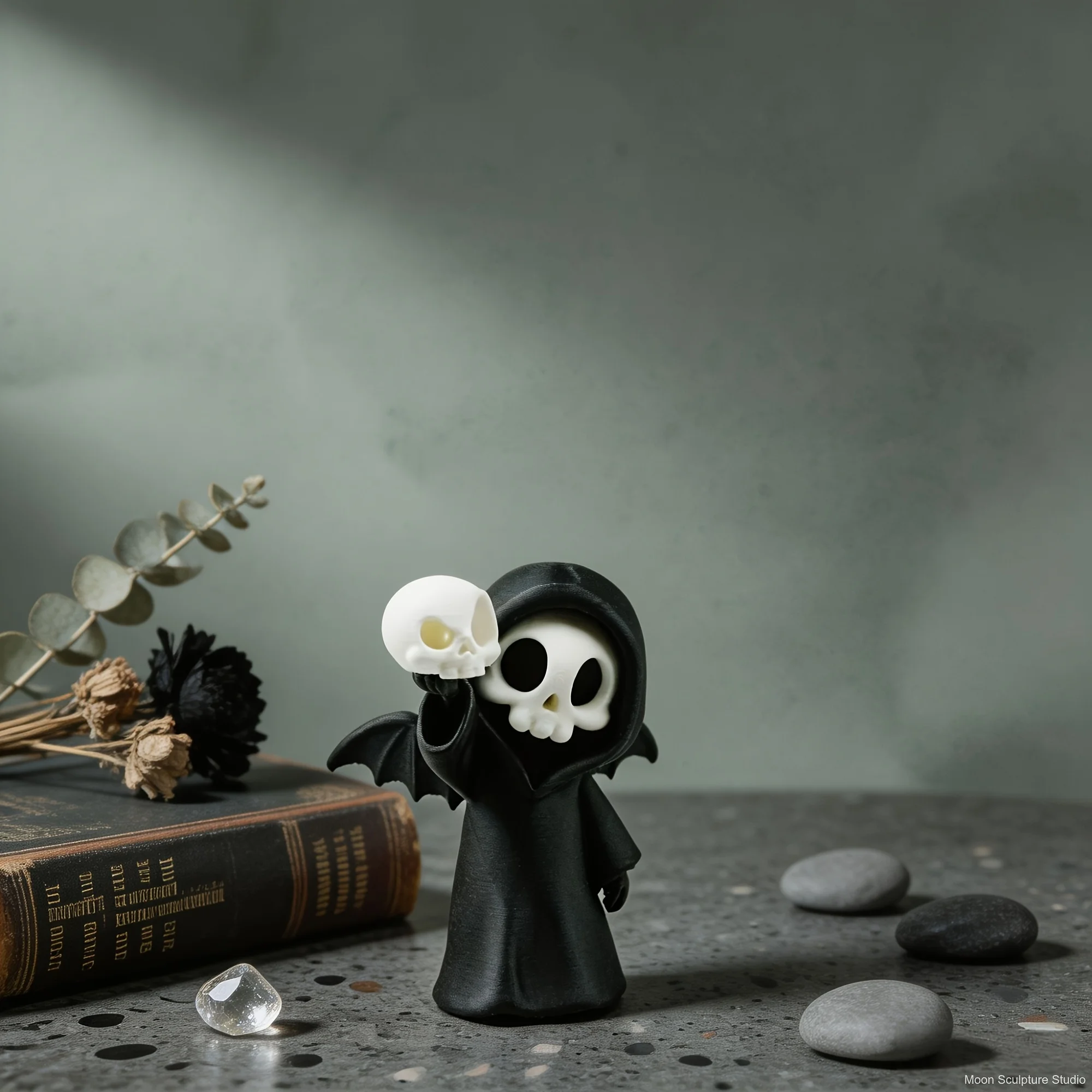 Mini Grim Reaper Resin Figure with Wings, Kawaii Skeleton Statue Holding Skull, Gothic Desktop Ornament for Halloween Party view 4