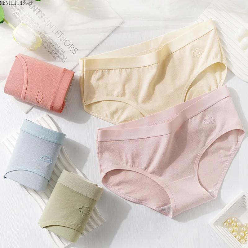 5-Piece Personalized Solid Color Women's Triangle Pants, Mid Waist Breathable Cotton Underwear, Women's Casual Sports Underwear