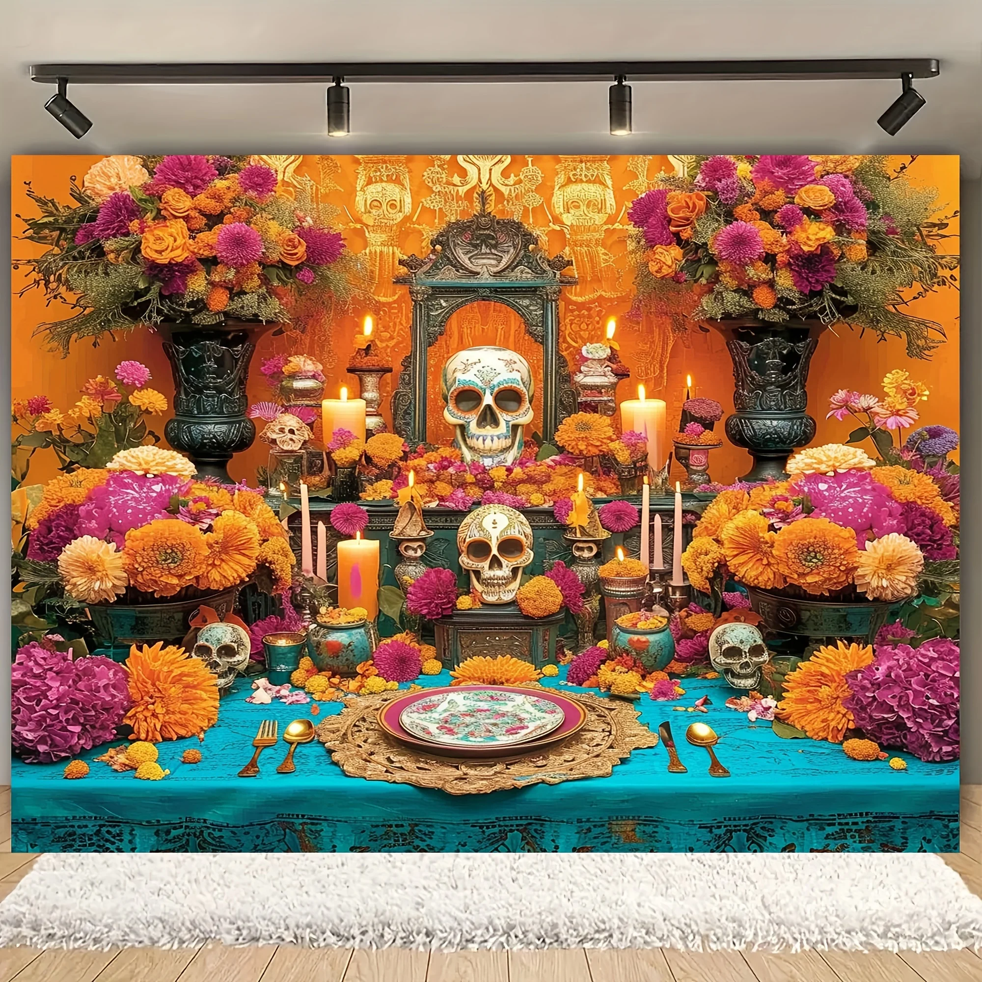 Vibrant Day of the Dead Altar Backdrop-Polyester, Multipurpose, Reusable, and Durable -Perfect for Mexican Fiesta, Cinco De Mayo