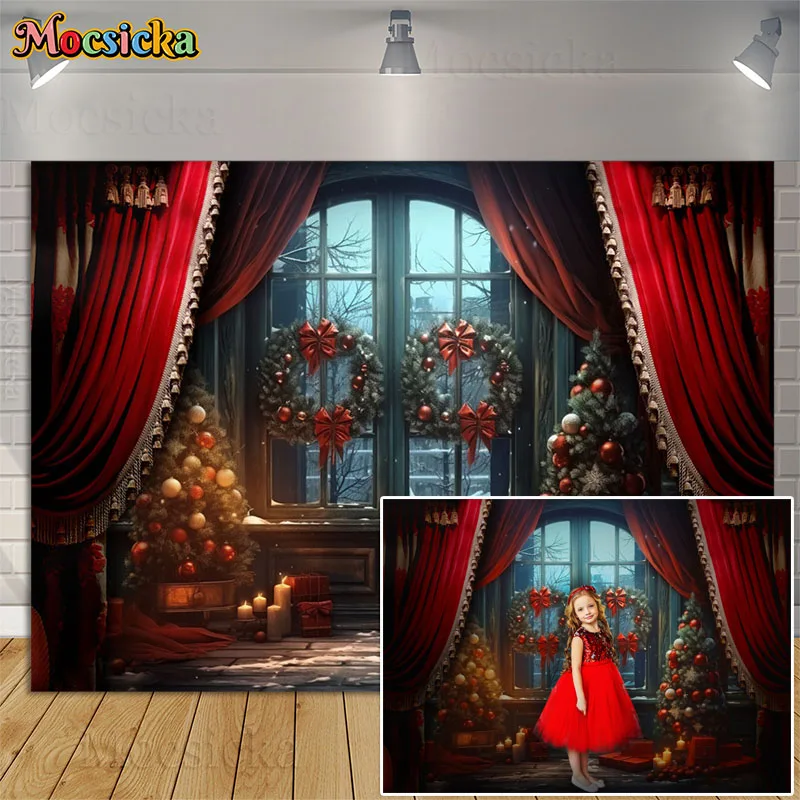 

Christmas Tree Window Backdrops Photography Props Kids Family Portrait Photocall Holiday Winter Warm Light Xmas Photo Background