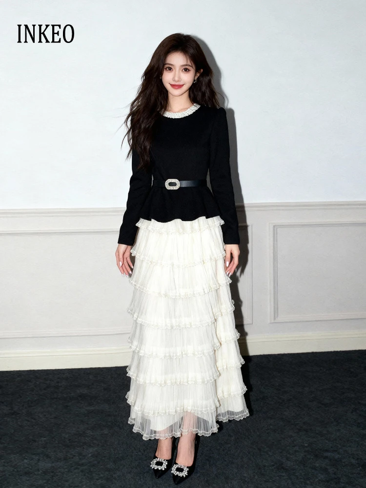 

Elegant Women's ruffles 2 Piece set with belt 2026 Spring Autumn Long sleeve patchwork tops and tiered Skirt Party INKEO 6D035