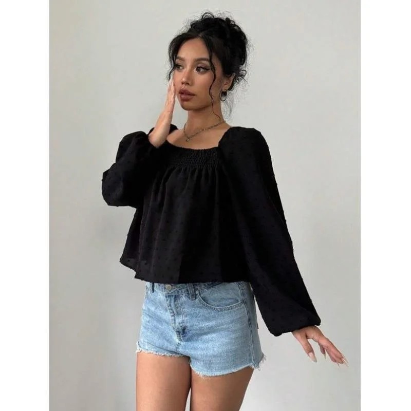 Pure Color Square Collar Long Sve irt L 2789 Cross-Border Sle Casual Women's irt Poly Fabric Fce Lined