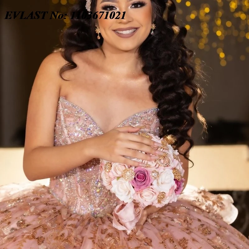 EVLAST Maßgeschneidertes rosa Quinceanera-Kleid, Ballkleid, Pailletten, Applikation, Perlen, Kristall, abgestuft, Sweet 16, Vestidos De XV 15 Anos SQ71