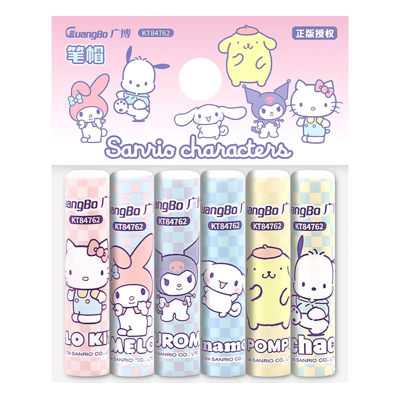 MINISO 6Pcs/Bag Kawaii Sanrio Pencil Cap Cartoon Hello Kitty Kuromi Pen Topper Covers Pencil Extender Stationery School Supplies