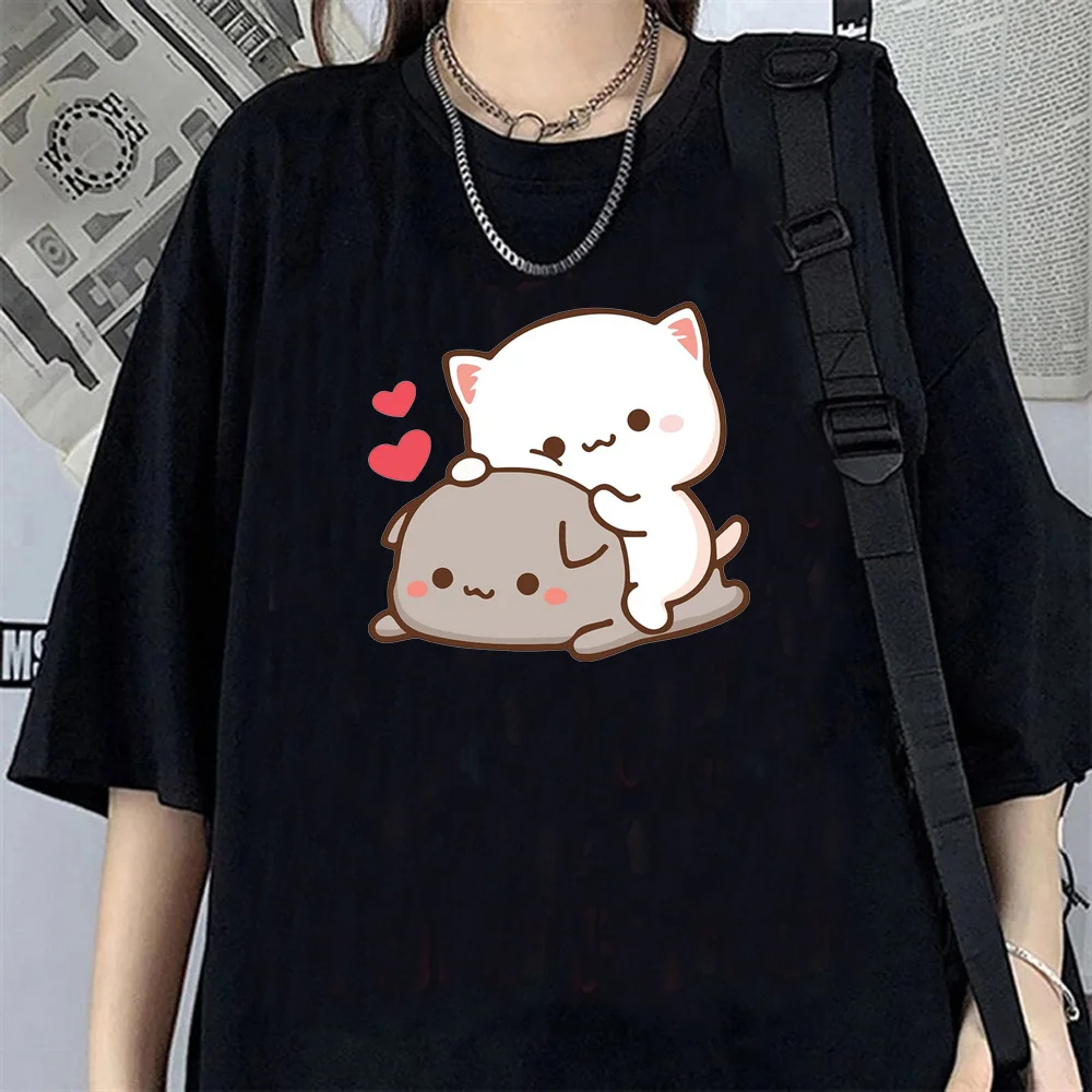 Peach And Goma Mochi Cat Love Print Tee women summer funny manga t-shirts female y2k Japanese clothing