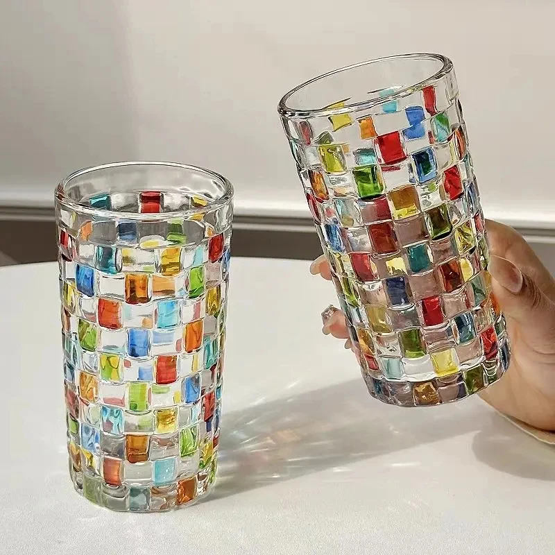Blingbling Beer Glass Refracts Rainbow Light Antique Glass Ins Hand Drawn Square Grid Woven Glass Water Cup Juice Party Cup