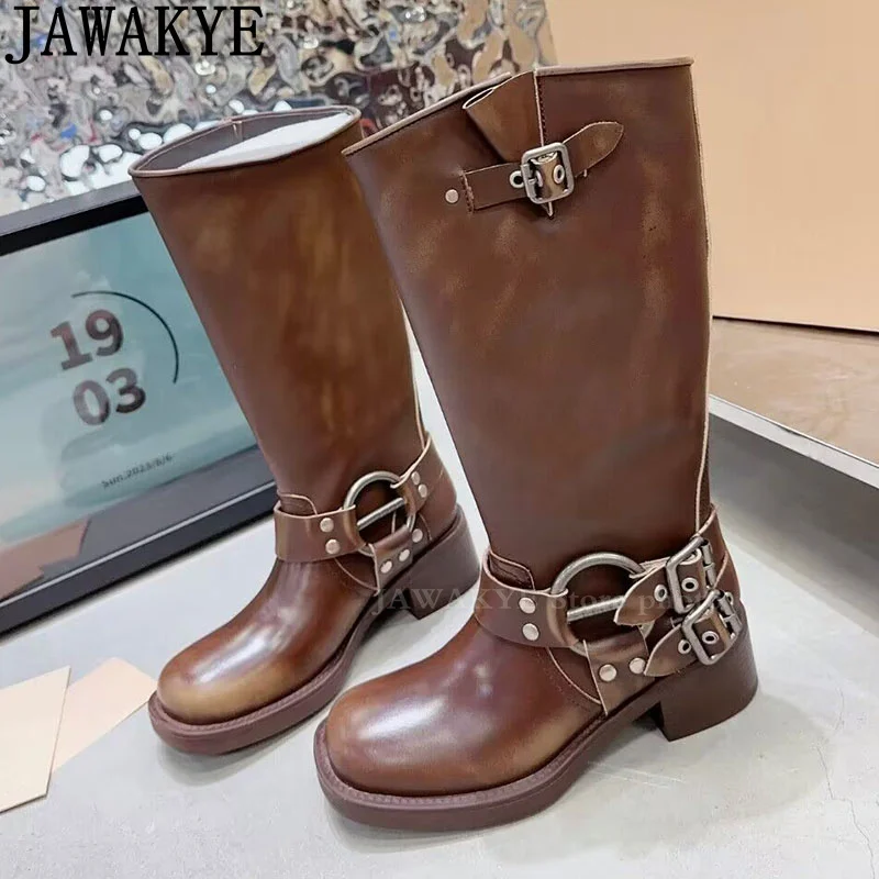 Real Leather Knee High Boots Women Round Toe Buckle Designer Knight Boots Autumn Winter Luxury Runway Fashion Week Boots femina