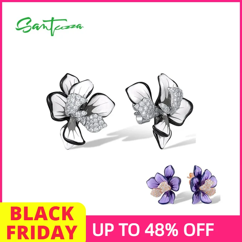 SANTUZZA – boucles d'oreilles en argent Sterling 925 pur pour femmes, fleur scintillante en émail violet et blanc, bijoux fins de fête Chic de mariage