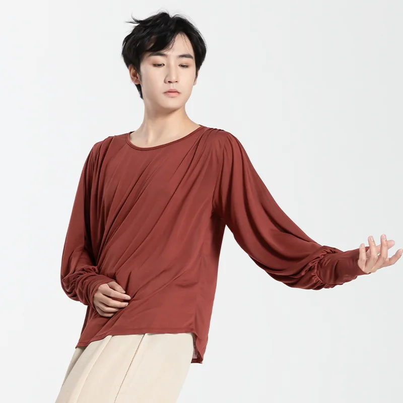 Męskie bluzki do tańca latynoamerykańskiego 2025, luźne, z długim rękawem, plisowane, typu smock, nowoczesne bluzki do tańca latynoamerykańskiego, ubrania do ćwiczeń dla nauczycieli, strój sceniczny do tańca.