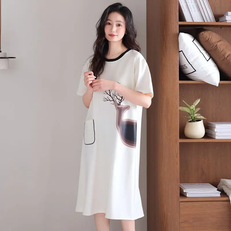 

2026 Summer Short Sleeve 100% Cotton Nightgowns for Women Korean Cute Cartoon Sleepwear Night Dress Nightdress Femme Home Nighty