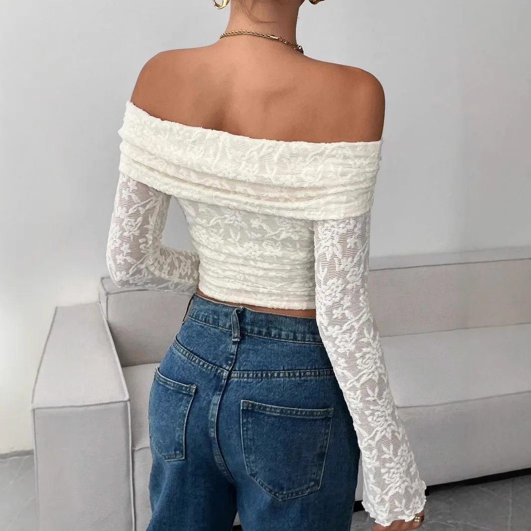 Women's Long-sleeve Blouse Lace Crop Off Shoulder Blouses White Lace Floral Lace Ruched Bodice Top Sheer Bell Cuff Long Sleeve