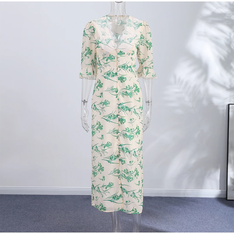 Elegant Ruffle Women's Long Dresses V Neck Half Sleeve Button Waist Cinching Pleated Dress 2026 Spring Lady Fashion Party Robes