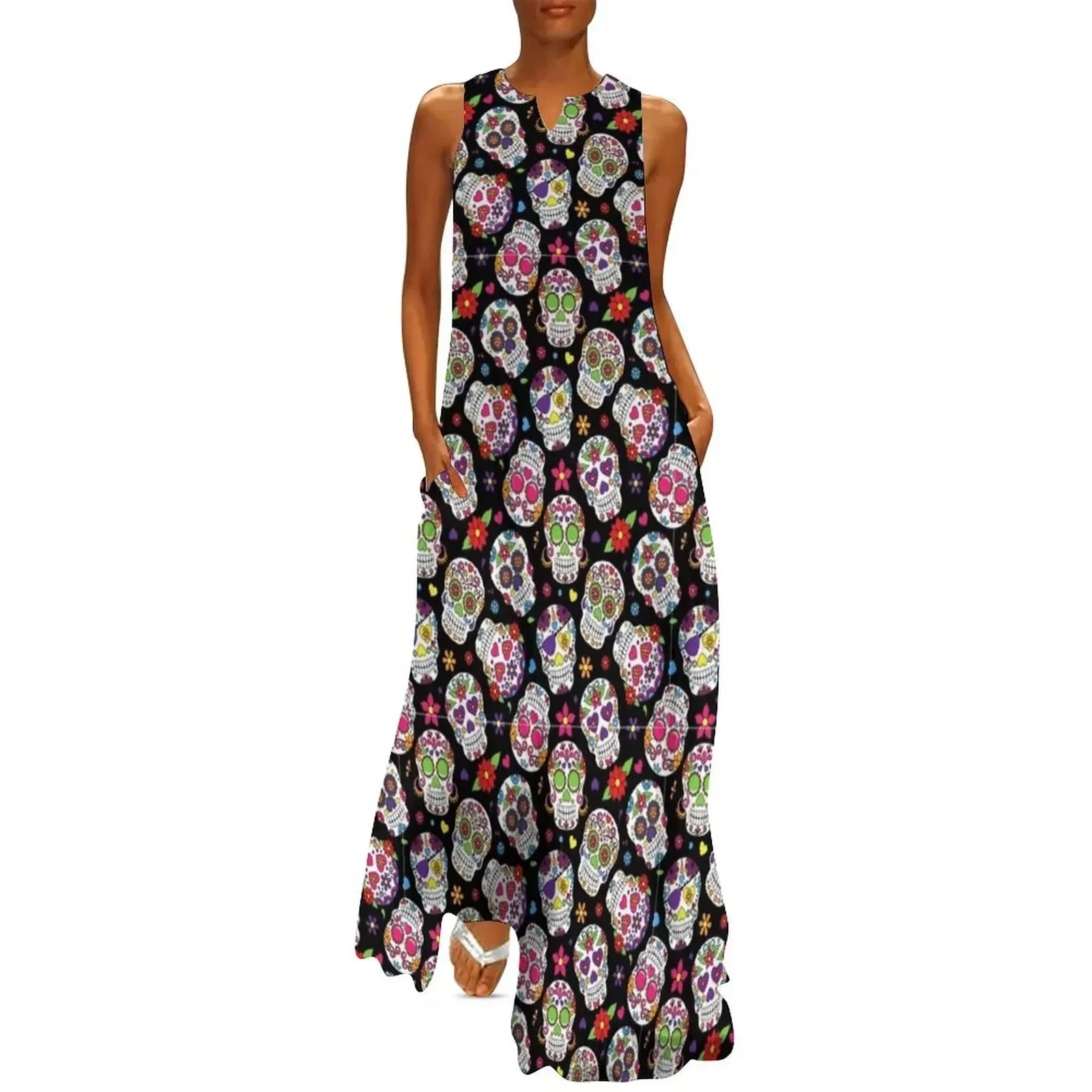 

Sugar Skull Flower Black Pattern Long Dress Clothing summer dresses ladies 2025 long dress women summer Dress
