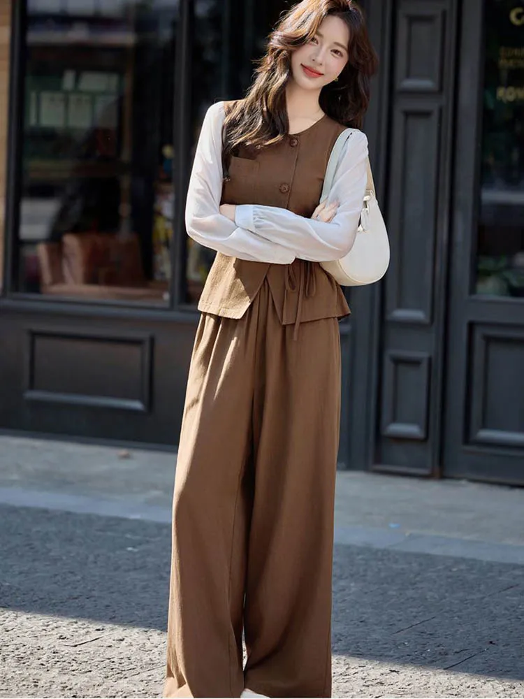 Ensemble pantalon Design coréen pour femmes, col rond épissé, simple boutonnage, hauts tendance, ample, élastique, taille haute, pantalon droit