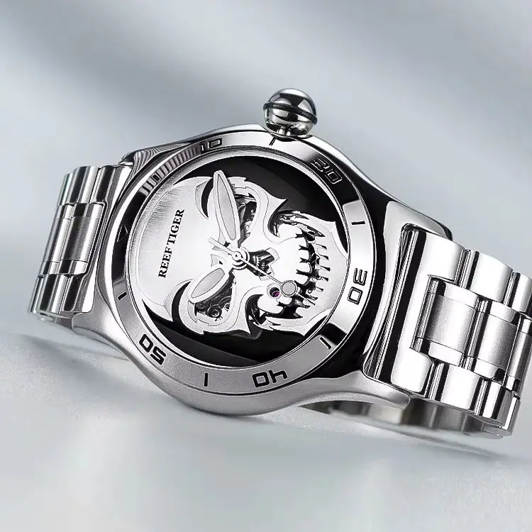 Reef Tiger Men Automatic Watch 44mm Mechanical Wristwatch Sapphire Mirror Luminous Skeleton Skull Dial Miyota Mov