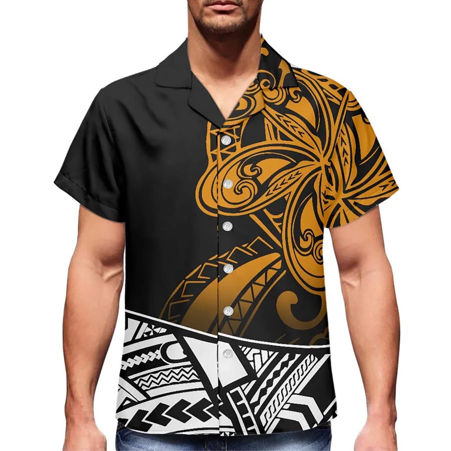 

HYCOOL Dropshipping Black Samoan Tribal Shirt Casual Oversized Short Sleeve Shirt Polynesian Ethnic Loose Mens Button Down Shirt