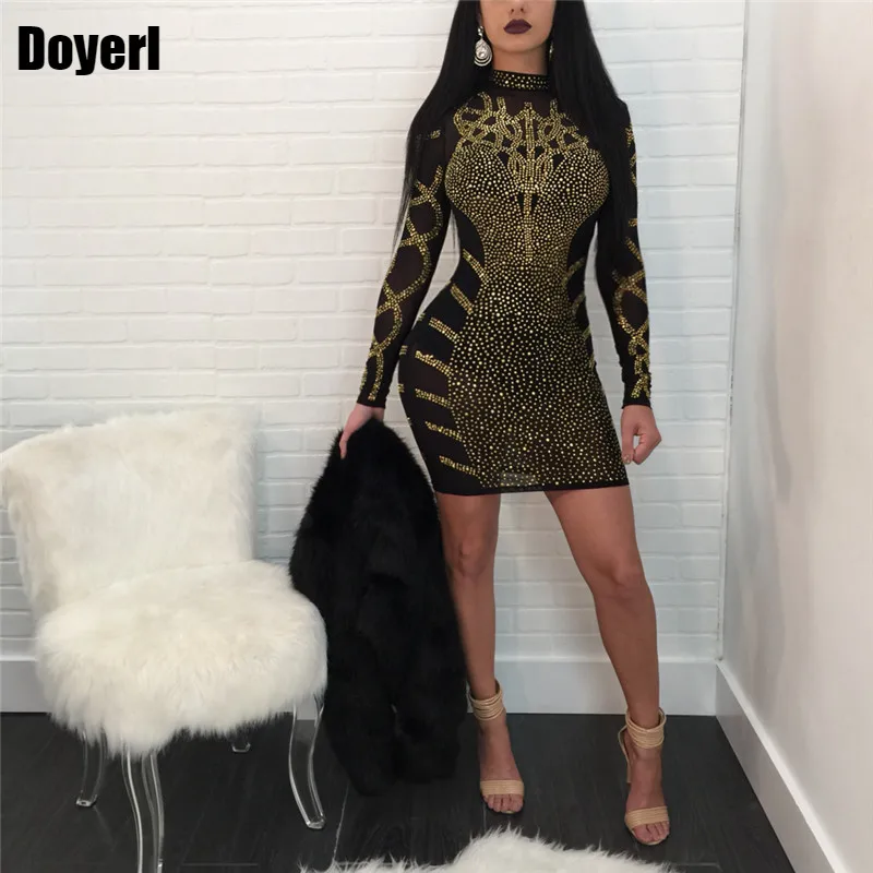 Rhinestone Bodycon Mini Dress Women Winter Long Sleeve Elegant Embellished Celebrity Evening Party Dress NightClub Dresses