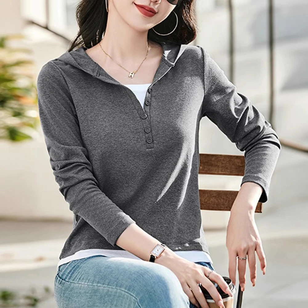 Korean version pure cotton hooded long sleeved T-shirt for women in spring and autumn, new fashionable fake two-piece loose top