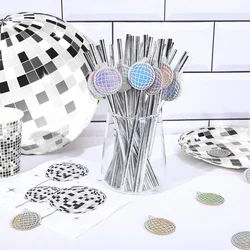 25pcs Music Disco Ball Laser Paper Drinking Straw Cake Toppers for Bachelorette 70s Disco Theme Birthday Wedding Decoration