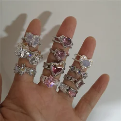 Pink Crystal Irregular Heart Ring for Women Creative Blue Opal Heart Open Ring Shiny Geometric Zircon Ring Vintage Y2K Jewely