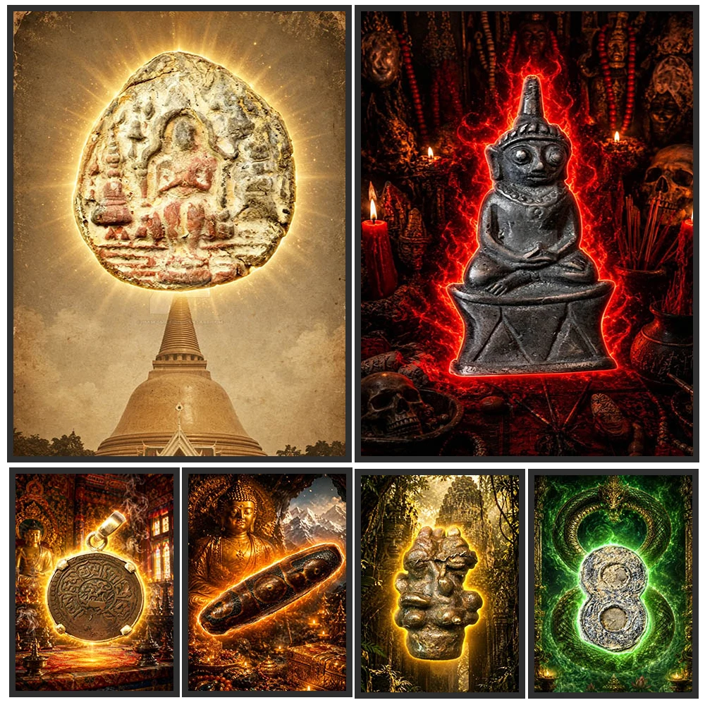 Five Kuman Thep Thai Amulet And Mystic Naga Infinity Amulet Vintage Wall Art Canvas Print,Mysterious Religious Relics Poster
