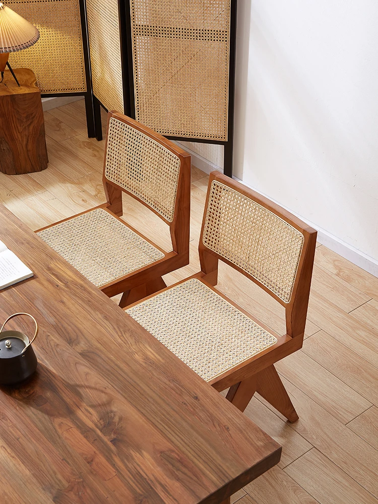 Nordic internet celebrity vintage rattan chandigarh chair solid wood rattan chair backrest dining chair desk chair