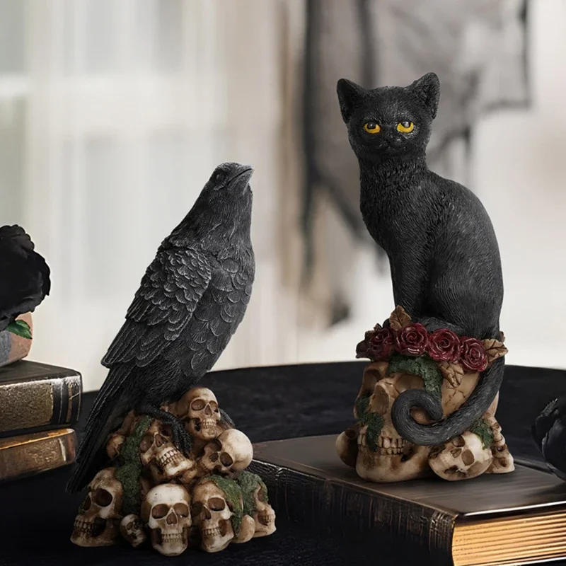 2psc Halloween Mysterious Skeleton Cat Crow Figurines Resin Skull Statue Gothic Animal Sculpture Desktop Home Office Decor Gift
