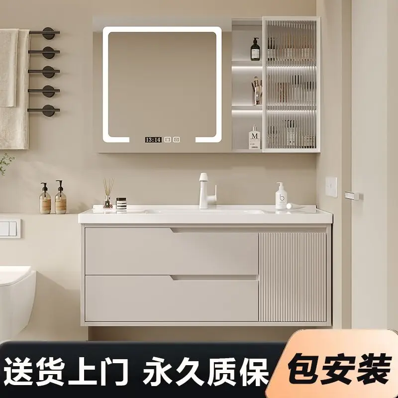 

[SF Express Free Shipping] Cream Wind Bathroom Cabinet Hand Wash Washbasin Solid Wood Smart Washbasin Ceramic Integrated