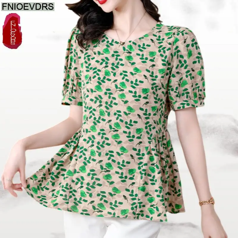 Loose Clothes Women 2025 Summer Short Sleeve Casual Retro Vintage Green Floral Print Peplum Tops O Neck Lady Shirts Blouses