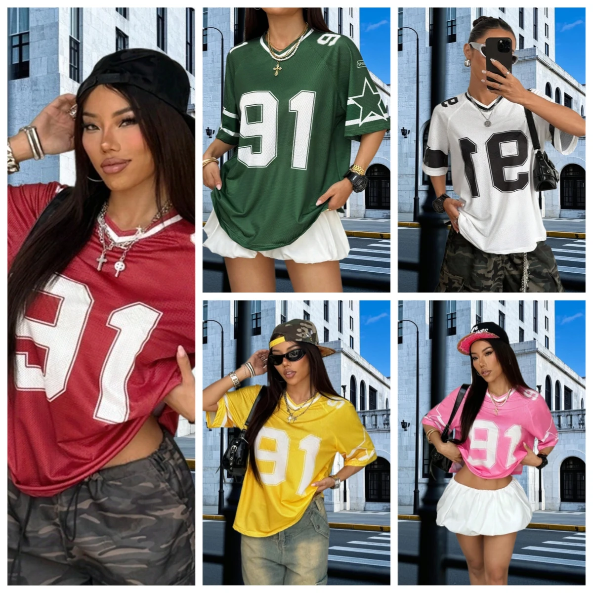 

Летняя модная женская футболка с принтом Nunber 91, сетчатая футболка с v-образным вырезом и короткими рукавами, спортивный футбольный трикотаж Y2K, свободная женская одежда