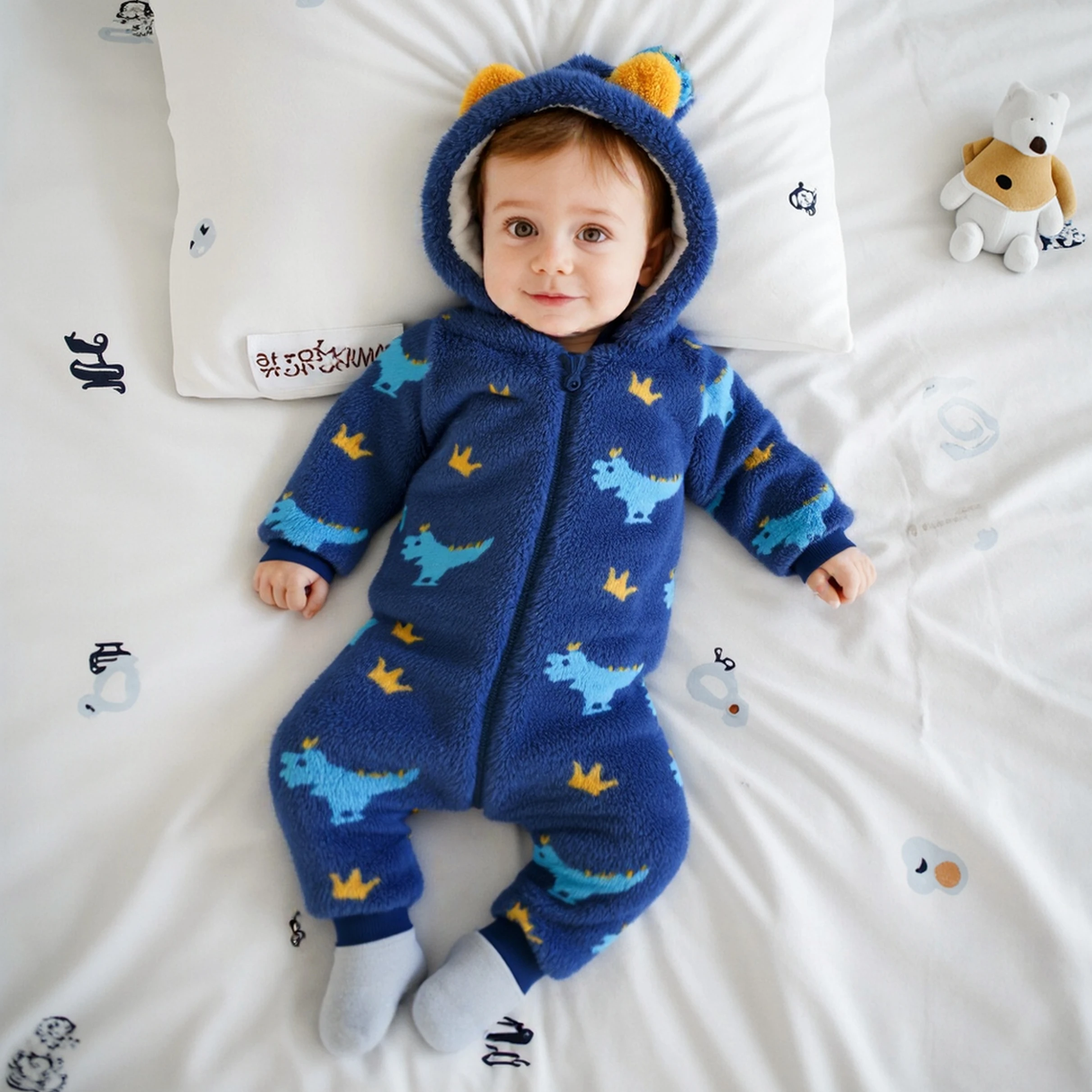 

Toddler Clothing Jumpsuits Animals Winter Baby Boys Rompers Warm Fleece Thickened Hooded Cute Cartoon