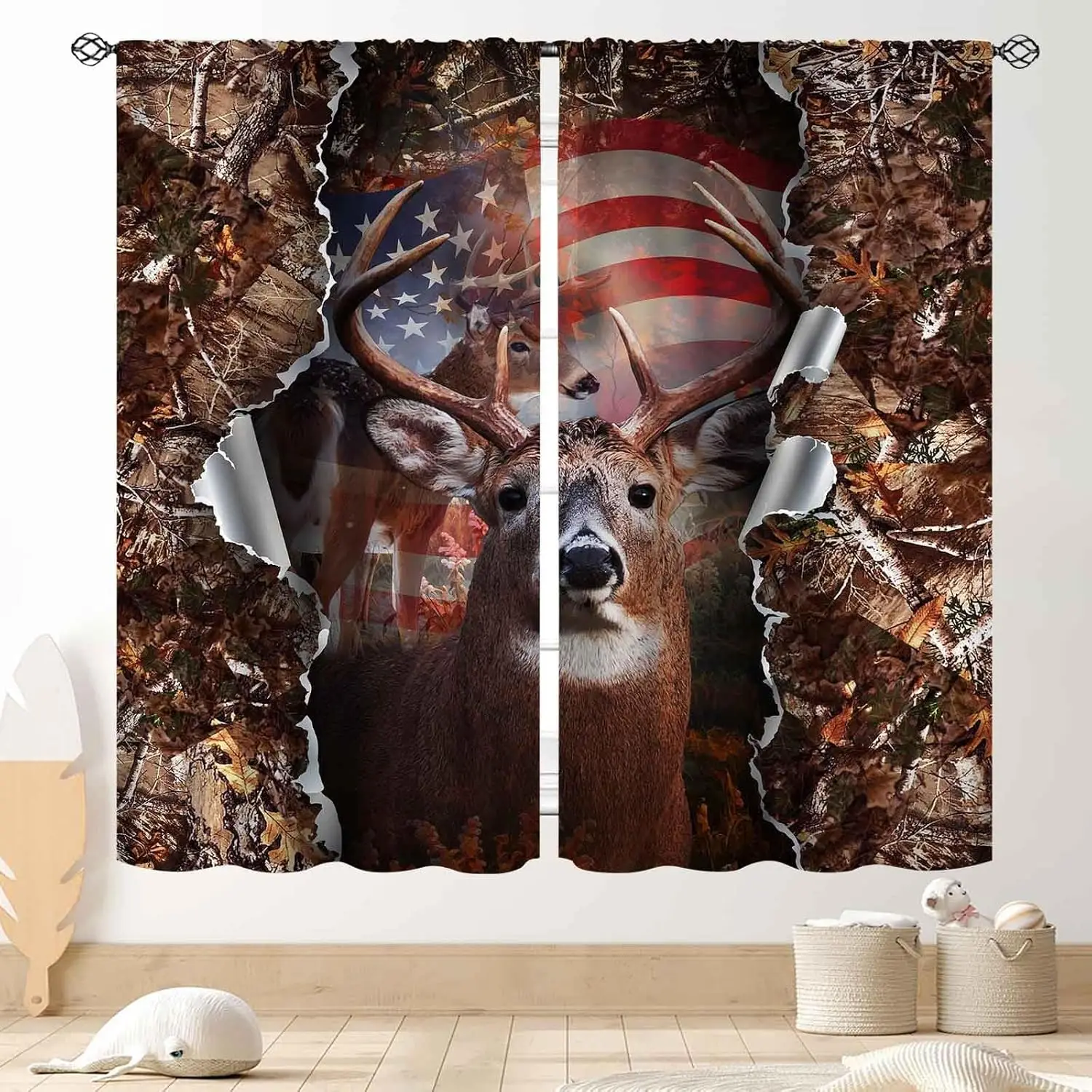 Rustic Deer Curtains, Camo Forest Hunting Deer Elk Moose USA American Flag Camouflage Woodland Farmhouse Rural Country