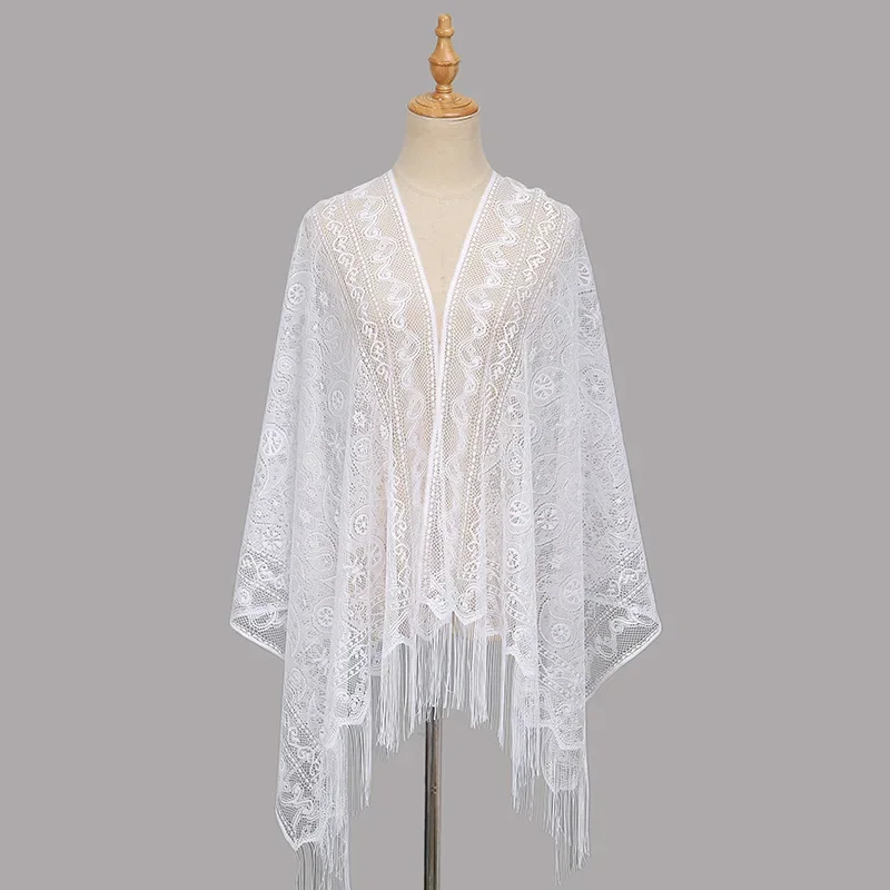 

White Cheongsam Lace Hollow Fringed Silk Scarf Women's Summer Long Scarf Shawl