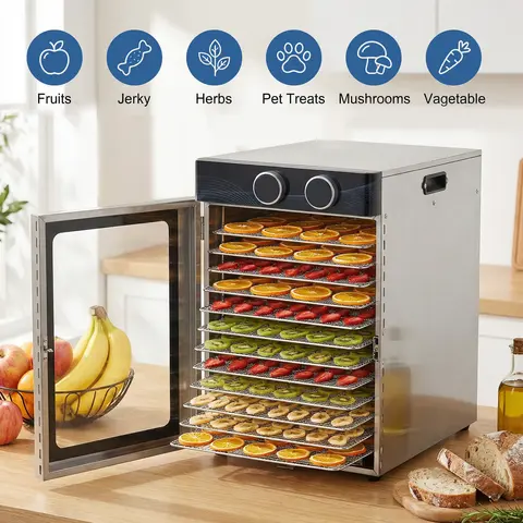 Electric Food Dehydrator 1200W Small & Compact Fruit Heating and Dewatering Machine 24H Timer for Fruit Vegetable Meat Sea Food