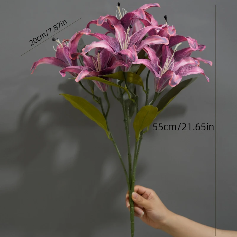 1 Stück Retro Ölgemälde-Stil 9-köpfige Lilie Simulationsblume Hochwertige Luxus-Kunstblume Wohnzimmer Esstisch Dekoration – Detail 2
