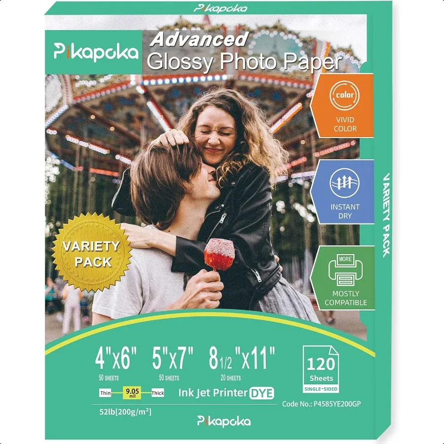 

Glossy Photo Paper 4x6 5x7 8.5x11 120 Variety Pack Bulk Assorted Sizes Inkjet printer 52lb 200gsm