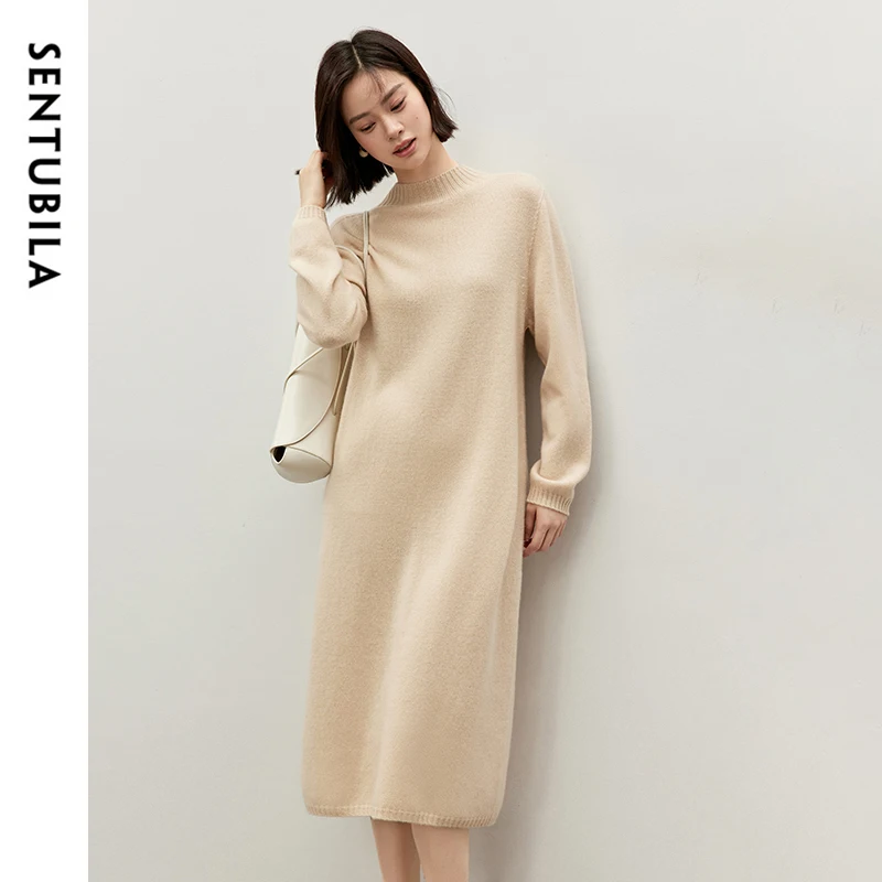 SENTUBILA 100% Wool Knitted Dress Women 2024 Elegant Loose Waist Half High Collar Seamless Long Sweater Dress Knitwear W44L57009