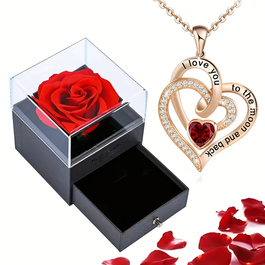 Luxury Love Heart Zircon Necklace With Rose Flower Gifts Box For Women Girlfriends 2024 New Fashion Valentine Jewelry Gift