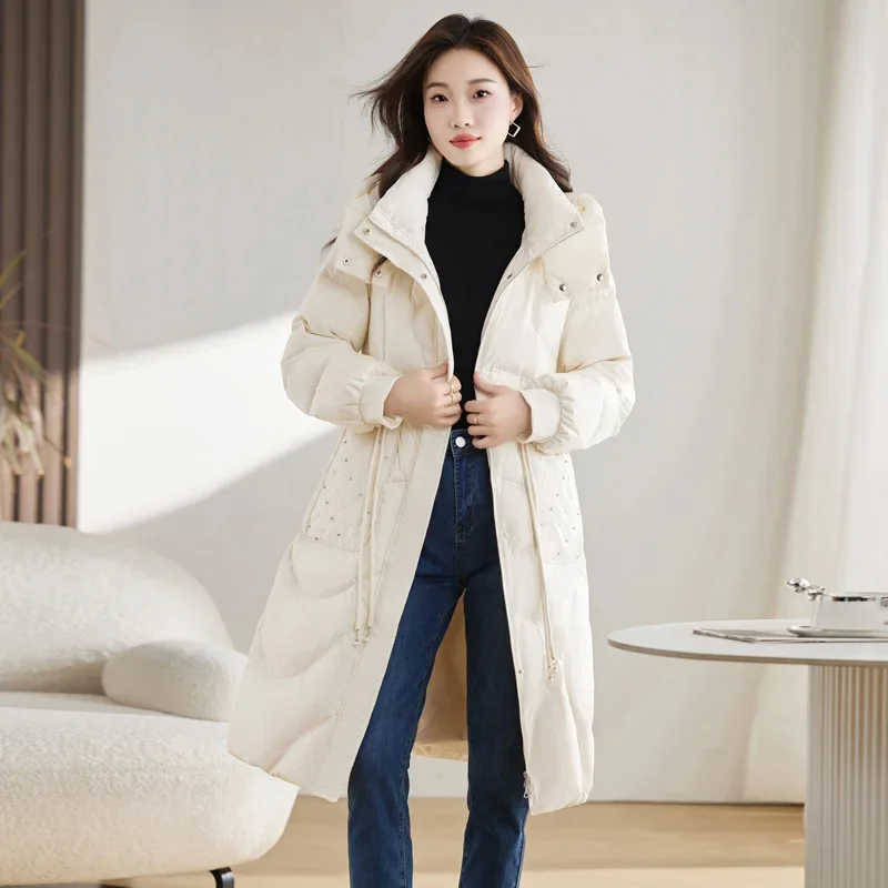 Winter New Fashion European Women Down Coat Hooded Thickened Mid Length 95% White Duck Down Women Coat High End Warm Women Parka