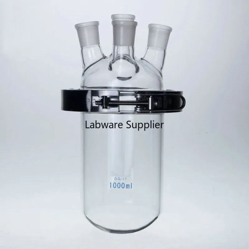 500ml/1000ml/2000ml Medical grade Boro. glass 4-neck glass barrel-shaped flask reactor with stainless steel clamp