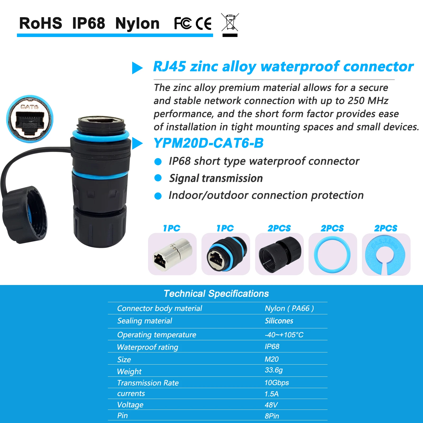 M20 RJ45 سبائك الزنك موصل شبكة إيثرنت مستقيم من خلال مقاوم للماء IP68 لوحة رأس كابل شبكة النطاق العريض في الهواء الطلق