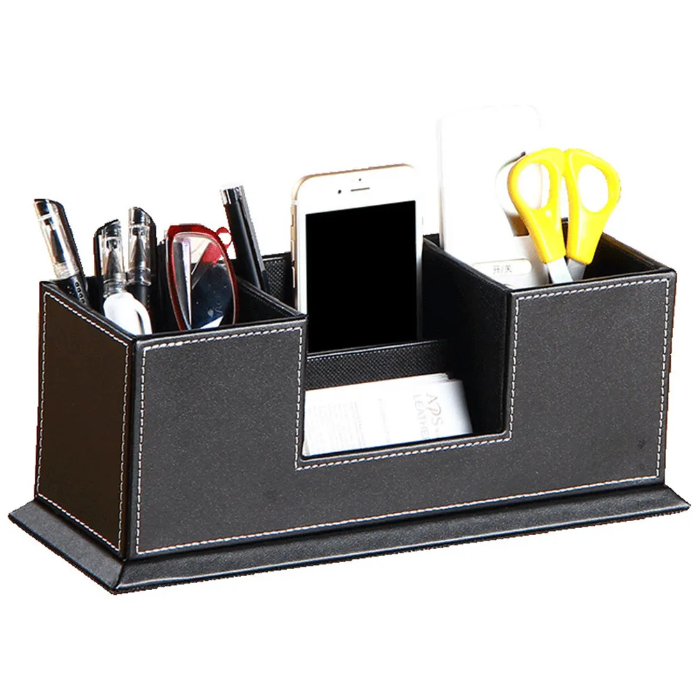 Black Pen Holder Organizer Double Compartments Desktop Office Supplies Pencil Storage