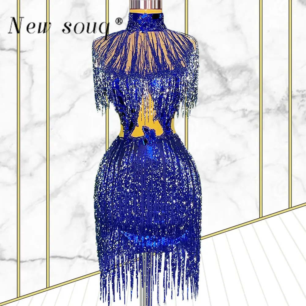 

Женское платье с высоким воротником, короткое платье синего цвета, расшитое бисером, для выпускного вечера, Роскошное дизайнерское платье для вечевечерние
