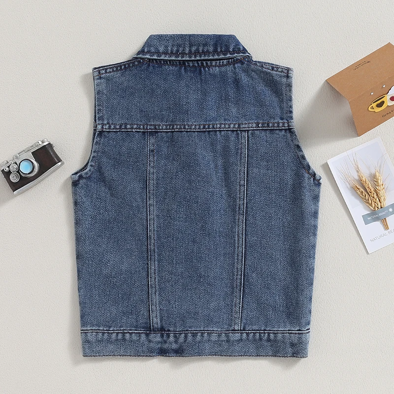 Fashion Kids Denim Vest Jacket Sleeveless Turn-down Collar Button Closure Casual Jacket for Girls Boys 3-7 Years image 2