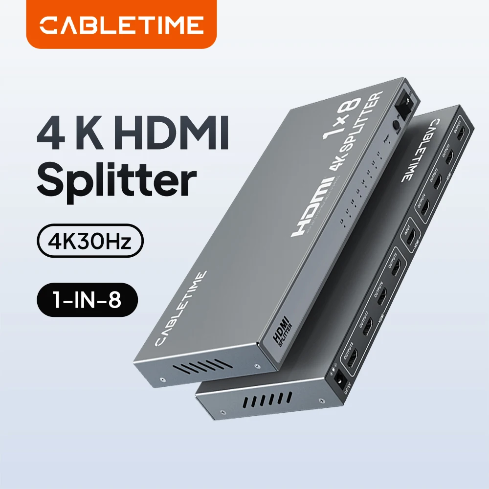 CABLETIME 4K 8 IN 1 HDMI Splitter 4K@30Hz Metal Shell 30M Output 3D Visual for Laptop Monitor Network Room Professional Scene