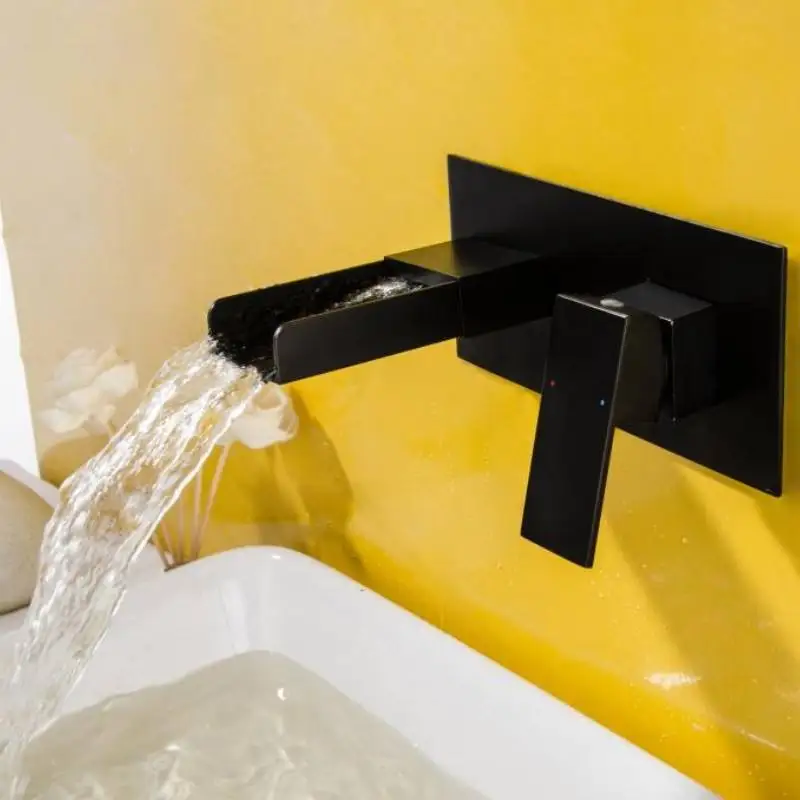 Modern Single-Handle Concealed Waterfall Faucet Matte Black Brass Bathroom Sink Tap Wall-Mounted with Ceramic Valve Core