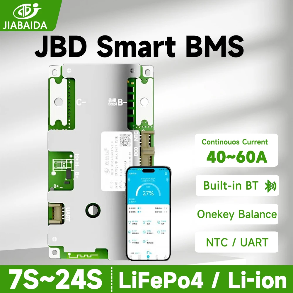 

JB BMS 7S-24S LiFePo4 Li-ion 8S 10S 13S 16S 20S 21S 24S 40A-100A 24V 48V JIABAIDA Smart BMS со встроенным BT, балансировкой, приложением и UART